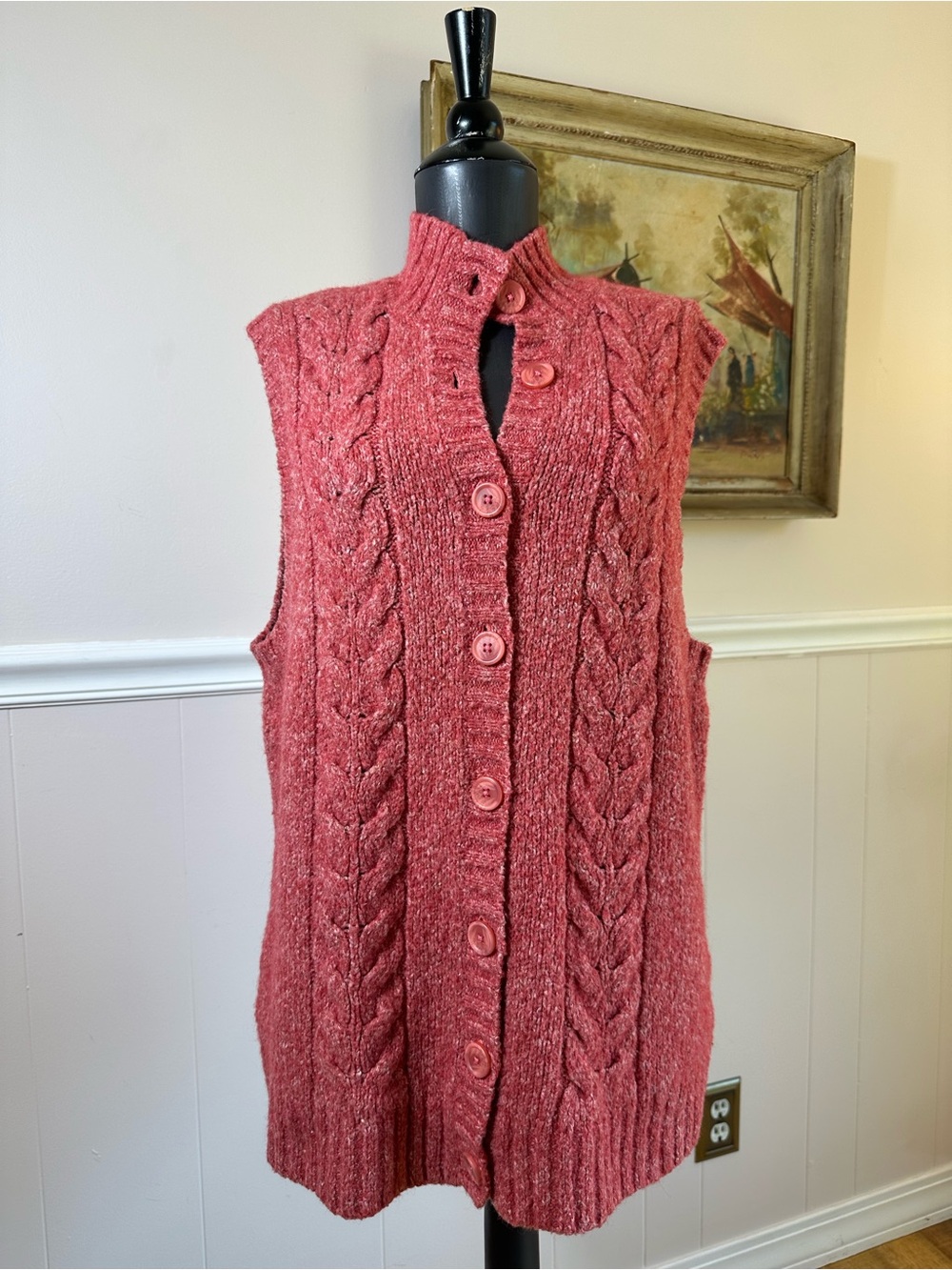 VINTAGE Knit L.L. Bean Granny Vest - Rosy Pink Size XL